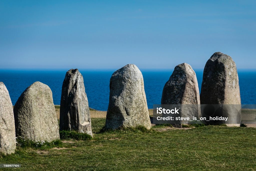 Ales Stones stone circle Megalithic standing stones in the shape of a ship, at Ales Stenar in southern Sweden. Sweden Stock Photo