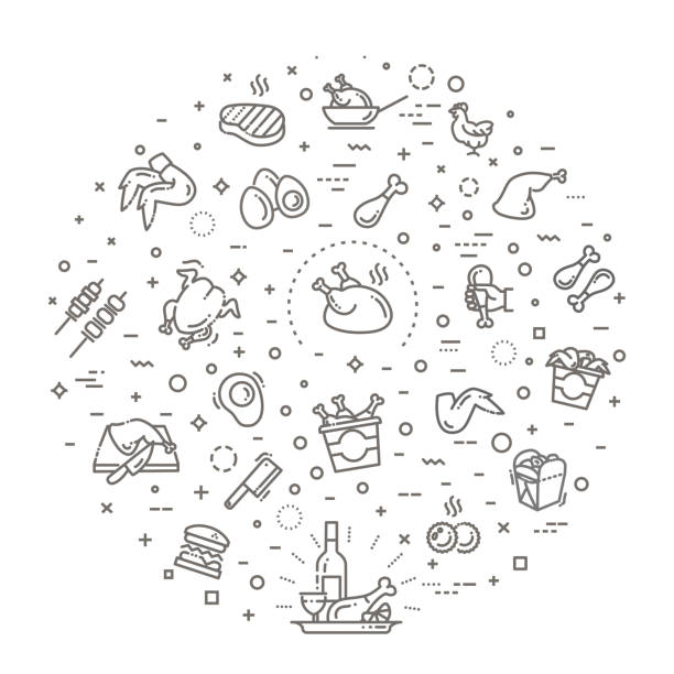 Simple Set of Chicken Meat Related Vector Line Icons Chicken Well-crafted Pixel Perfect Vector Thin Line Icons roast chicken meal stock illustrations