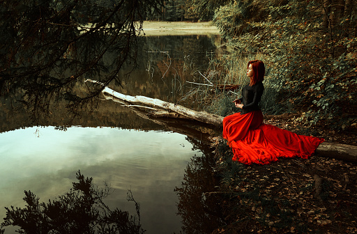 Profile view of woman wearing red skirt posing in fairytale concept at the lake, autumn concept, sitting on tree branch