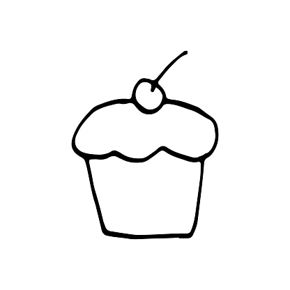 Single hand drawn cupcake, muffin. Doodle vector illustration in cute scandinavian style. Element for greeting cards, posters, stickers and seasonal design. Isolated on white background