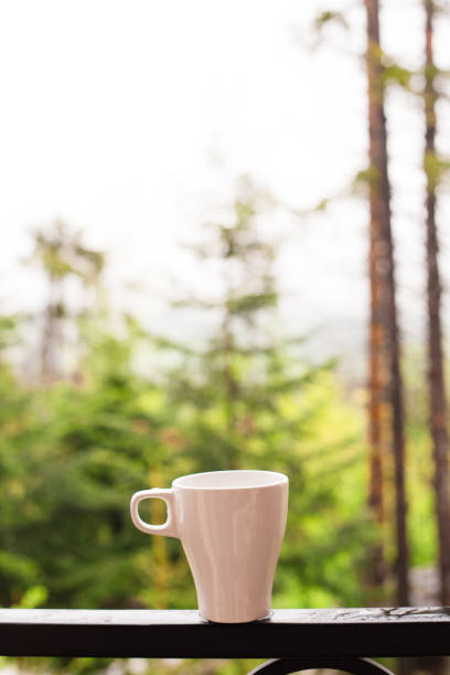 istock White coffee cup on the balcony with blurred nature view and forest background, after rain 1188979286