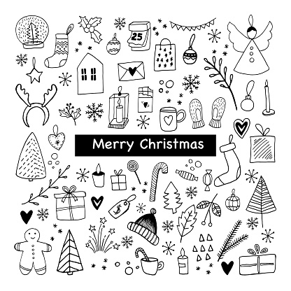 Gran conjunto de iconos de Año Nuevo y Navidad. Ilustración vectorial dibujada a mano. Elementos de invierno para tarjetas de felicitación, carteles, pegatinas y diseño de temporada.  Aislado sobre fondo blanco photo