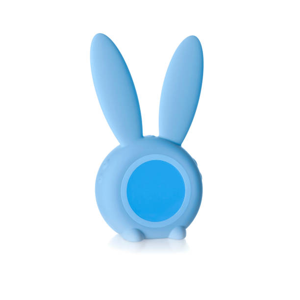istock Blu children's alarm clock rabbit shape isolated on white background. Copy space in the center of alarm. 1188982394