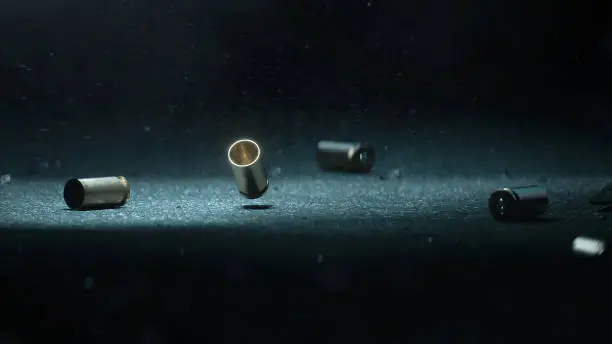 Photo of Bullet shells ground. Cases of bullets lying on the floor of asphalt - 3D Render