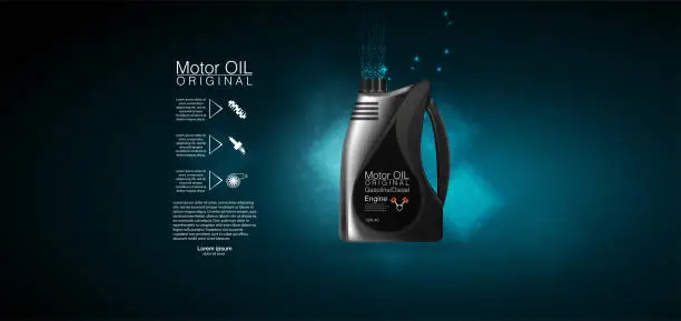 Vector illustration of Bottle engine oil Canister of engine motor oil, full synthetic clinging molecules protection. Vector illustration with realistic canister and motor oil splashes