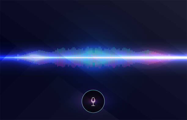 音声認識、イコライザー、オーディオレコーダー。サウンドウェーブ付きマイクボタン。インテリジェントテクノロジーのシンボル。  ハイテクaiアシスタントボイス - personal land vehicle audio点のイラスト素材／クリップアート素材／マンガ素材／アイコン素材