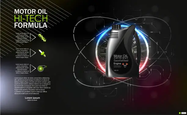 Vector illustration of Bottle engine oil Canister of engine motor oil, full synthetic clinging molecules protection. Vector illustration with realistic canister