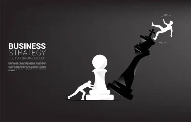 Vector illustration of Silhouette of businessman push pawn chess piece to checkmate the king with falling down businessman.