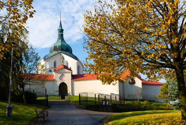 Autumn landscape overlooking main entrance to Pilgrimage Church of St John of Nepomuk at Zelena hora, Zdar nad Sazavou, Czech Republic