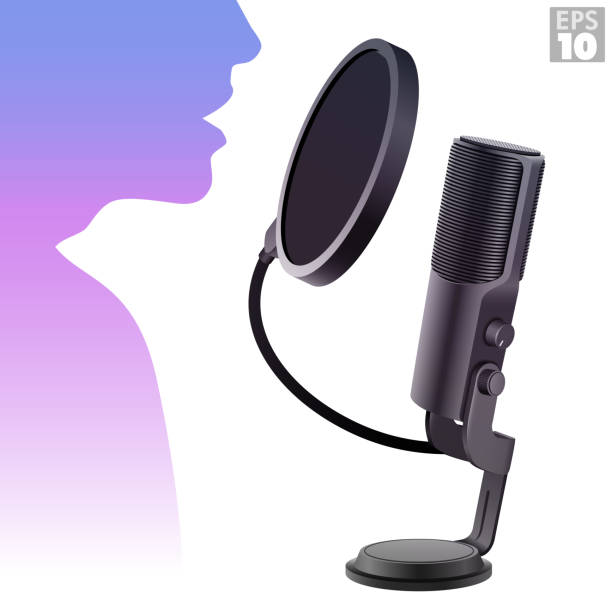 illustrazioni stock, clip art, cartoni animati e icone di tendenza di microfono a condensatore con filtro pop e supporto utilizzato da una persona per voice-over o registrazioni vocali podcast. - voice over