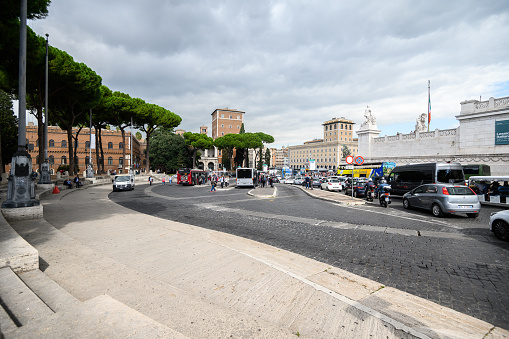 The Victor Emmanuel II Monument in Rome Italy at the Piazza Venezia, tourists and car traffic. 28.10.2019 Rome, Italy.