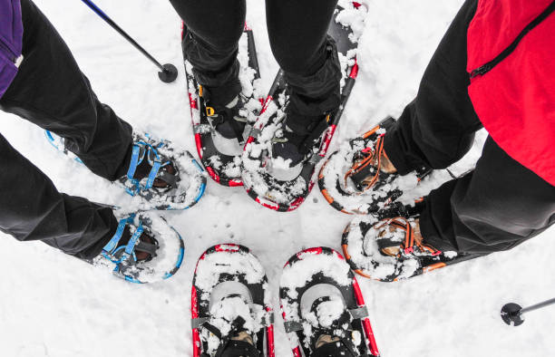 vier paar schneeschuhe auf dem schnee - snowshoeing snowshoe women shoe stock-fotos und bilder