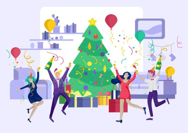 ilustrações de stock, clip art, desenhos animados e ícones de card winter holidays corporate party. merry christmas and happy new year with people characters. company of young friends or colleagues - balloon child winter snow