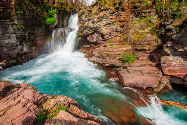 arco-íris em quedas de saint mary, parque nacional da geleira - us glacier national park fotos - fotografias e filmes do acervo