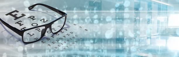 prueba de visión ocular con tecnología optometrista de diagrama visual - pancarta fotos fotografías e imágenes de stock