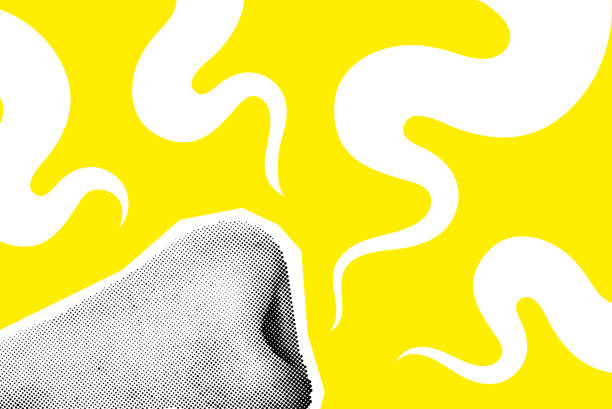 illustrations, cliparts, dessins animés et icônes de le nez humain respire dans les odeurs. vector collage halftone - sensory perception illustrations