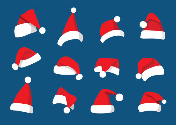 Hat santa christmas set decorations and design isolated on blue background illustration vector Merry christmas and happy new year concept for template, christmas promotion banner, Hat santa christmas icons winter set christmas decorations in flat and design isolated on blue background illustration vector christmas background illustrations stock illustrations