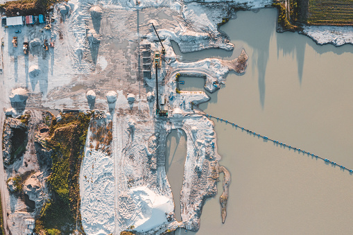 Aerial view of crushed stone quarry machine in south west Poland, Opole Voivodeship.