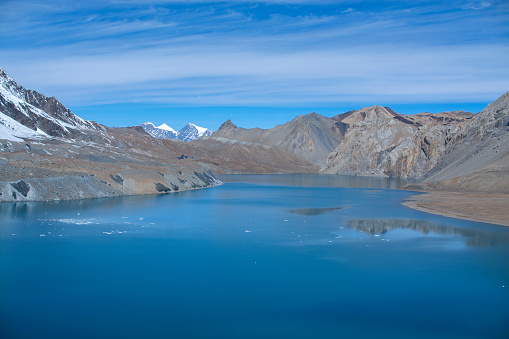 Tilicho Lake in Annapurna Conservation Area, Nepal, blue lake on mountain against sky