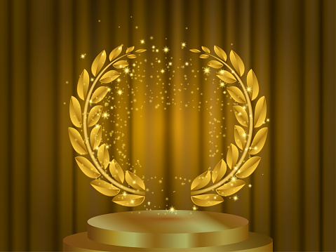 Vector golden laurel wreath frame award on velvet curtain background and stage podium. Victory, honor achievement, quality product presentation, anniversary party, creative or professional triumph.