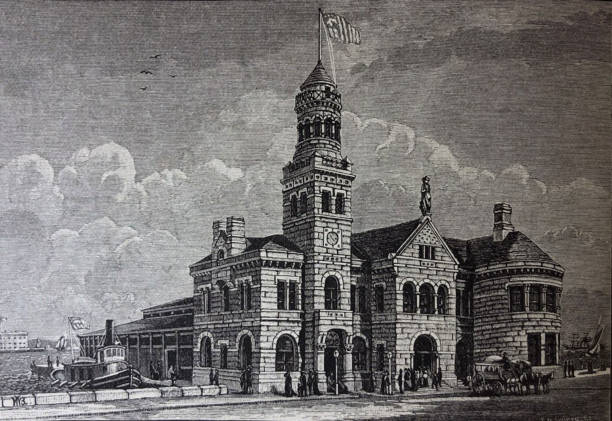 istock Antique illustration - New York 1881 - U.S. Barge Office - Battery 1189019744