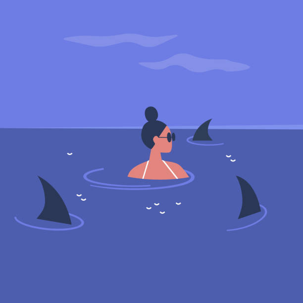 ilustrações, clipart, desenhos animados e ícones de caráter fêmea novo cercado pelas aletas do tubarão que nadam no oceano, no risco e no esforço na vida moderna - calming down