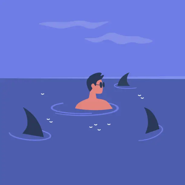 Vector illustration of Young male character surrounded by shark fins swimming in the ocean, risk and stress in modern life