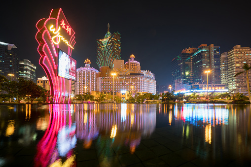 Night view of Macau (Macao). The Grand Lisboa is the tallest building in Macau (Macao) and the most distinctive part of its skyline