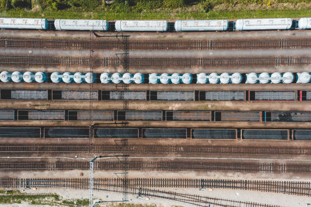 istock Aerial view of coal wagons on a railway siding 1189022628