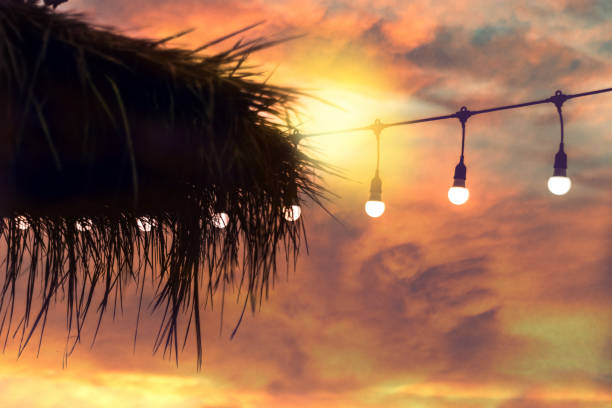istock blurred bokeh light on sunset with yellow string lights decor in beach restaurant 1189024904