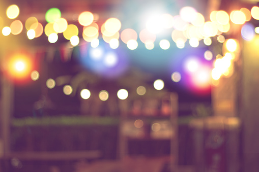 blurred bokeh night lights in restaurant, pub or bar, abstract image of night festival, background party blur celebration concept.