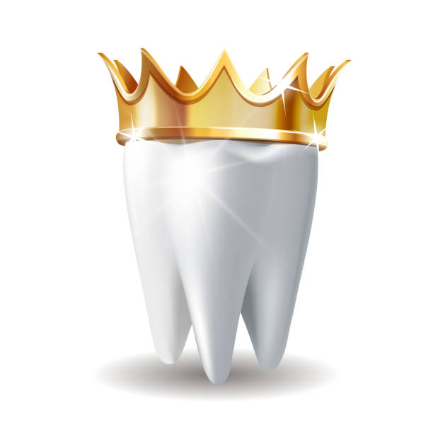 istock Realistic white Tooth in golden crown isolated on white 1189034318