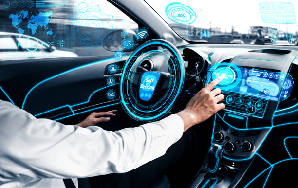 istock Self-drive autonomous car with man at driver seat. 1189051135