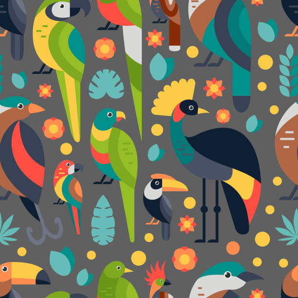 ÐÑÐ½Ð¾Ð²Ð½ÑÐµ RGB Flat style pattern with Toucan, Blue and Yellow Macaw, Bird of Paradise and other types of birds. Vector seamless pattern of Tropical birds with flowers and leaves. hoatzin stock illustrations