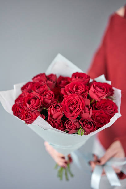 ramo mono rojo de rosas de bush en manos de las mujeres. tienda de flores europea. el trabajo de la floristería en una floristería. entrega flor fresca cortada. - multi colored flower red flower head fotografías e imágenes de stock