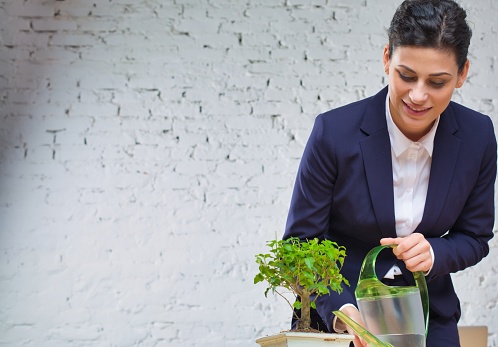 Smiling young businesswoman watering plant on desk against brick wall at office