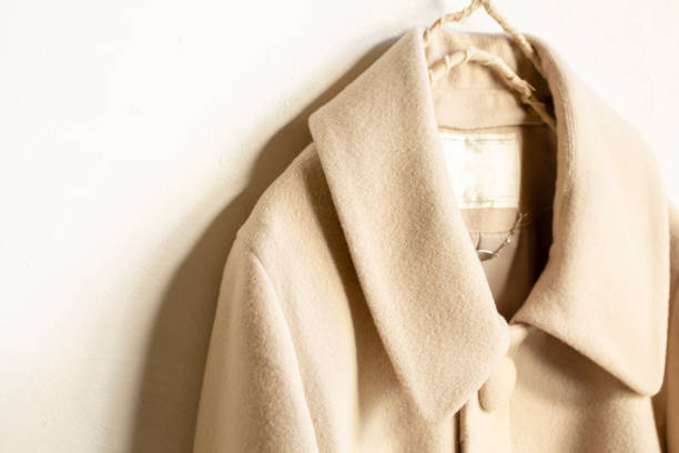 beige wool coat hanging on clothes hanger on white background beige wool coat hanging on clothes hanger on white background.close up. coat wool button clothing stock pictures, royalty-free photos & images