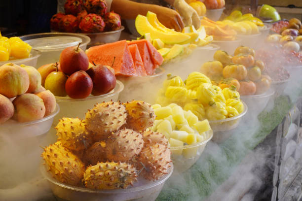Colourful fruit stalls at Lijiang.