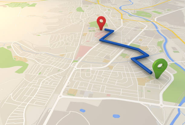 mappa città con pin puntatori immagine rendering 3d - global positioning system map road map direction foto e immagini stock