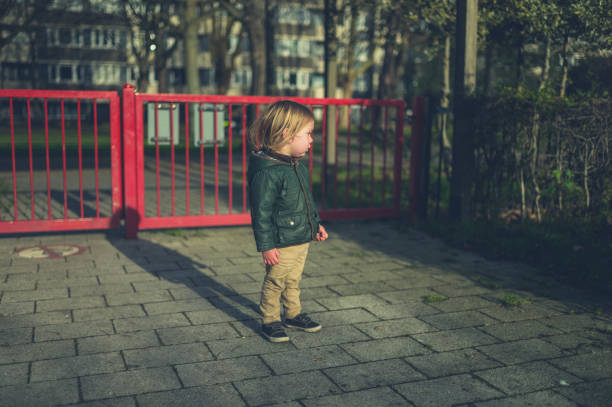 istock Little toddler standing by gate in park 1189065427