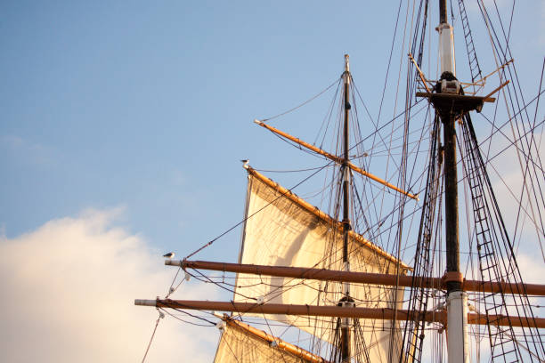 istock Old pirate vessel rigging, masts and sails, details and closeups 1189065677