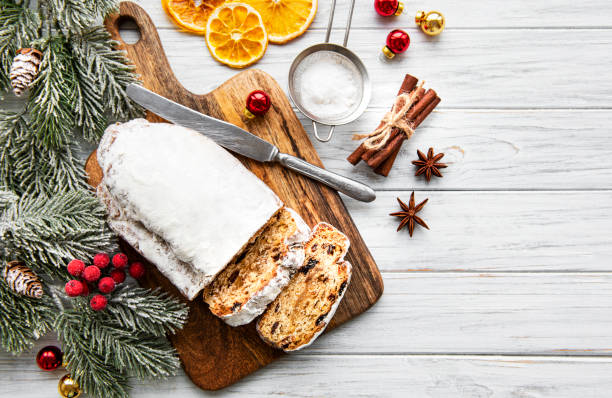 istock Christmas stollen on wooden background 1189066370