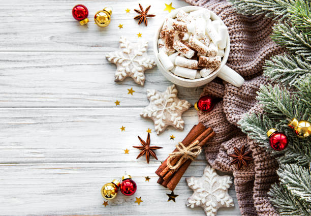 istock Christmas composition with cup of hot chocolate and decorations 1189066372