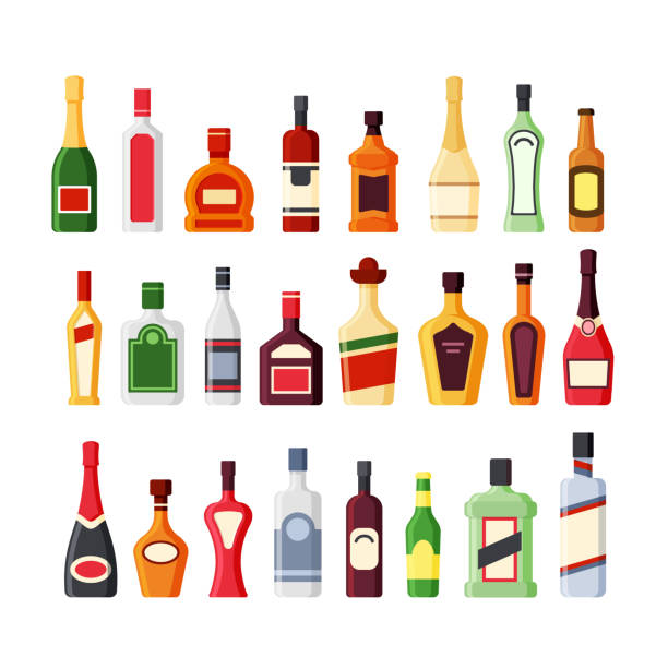 ilustraciones, imágenes clip art, dibujos animados e iconos de stock de diferentes botellas de vidrio alcohólico iconos vectoriales planos conjunto de color - bottle