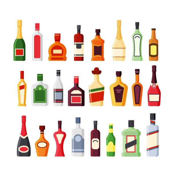 Different alcohol glass bottles flat vector icons color set Different alcohol glass bottles flat vector icons color set. Bar beverages, booze collection. Wine, whiskey, rum, vodka, cognac, tequila drinks. Liquors cartoon illustrations isolated on white alcohol drink stock illustrations