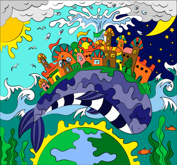 Fairytale illustration of a city on the back of a whale. Planet day and night. Abstract vector illustration in bright colors. Fairytale illustration of a city on the back of a whale. Planet day and night. Abstract vector illustration in bright colors drawing of fish jumping out water stock illustrations