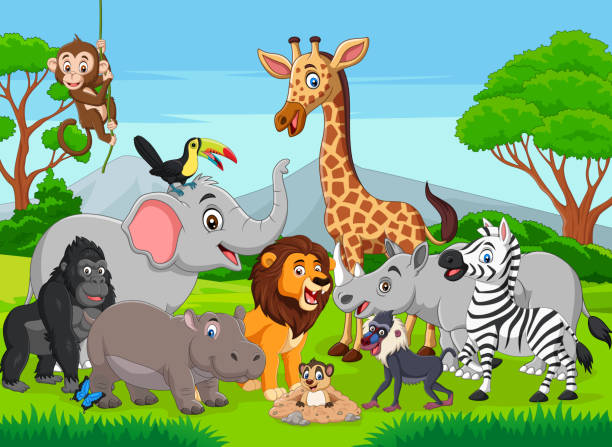 ilustraciones, imágenes clip art, dibujos animados e iconos de stock de animales salvajes de dibujos animados en la selva - monkey baboon elephant ape