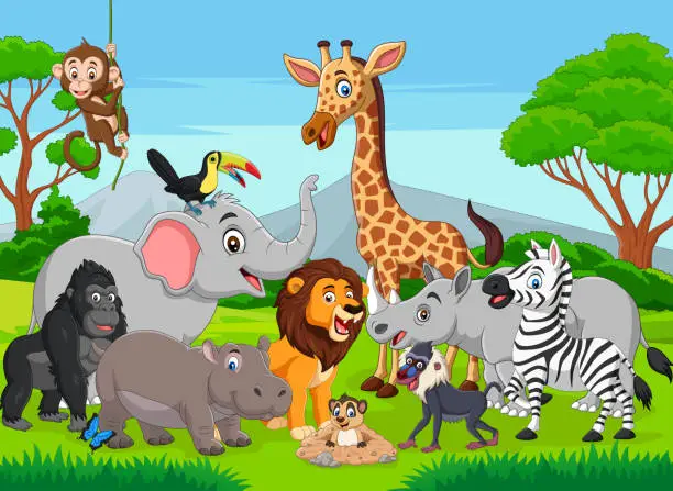 Vector illustration of Cartoon wild animals in the jungle