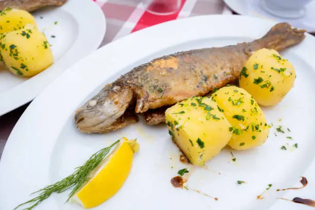 Photo of Fresh Hallstatt trout and potatoes recipe on the white dish at Hallstatter See or Lake Hallstatt, a lake in the Salzkammergut, Austria