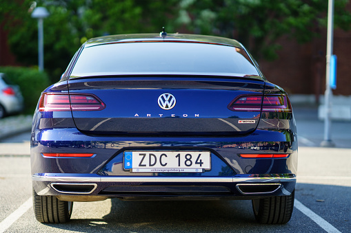 Gothenburg, Sweden - May 23, 2019 : Rear view of Volkswagen, which parked on street of city centre of Gothenburg